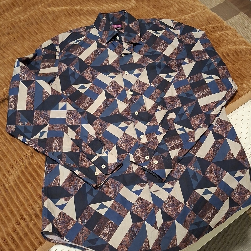 NWOT Simons/Liberty Paisley & Geometric Button-Down Navy/Brown/Cream (Size 17.5)